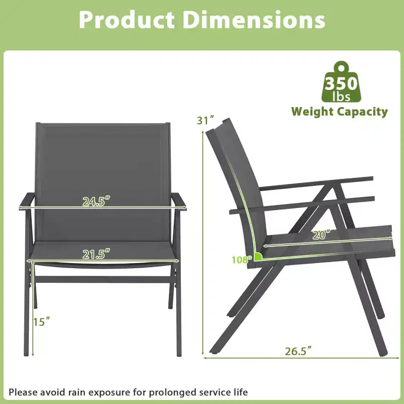 Costway Patio Chairs Set of 2with Breathable Mesh Fabric and Metal Frame 350LBS Capacity