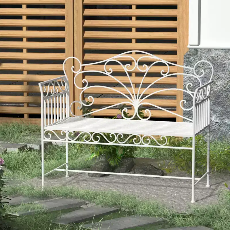 Outsunny 44.75 Antique-Style Outdoor Patio Garden Bench, Metal Loveseat with Ivy Pattern on the Backrest, Cream White