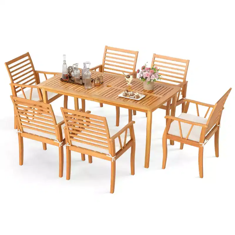 Costway 7PCSPatioDiningSet AcaciaWoodTableandChairsSetwith 1.97 Umbrella Hole