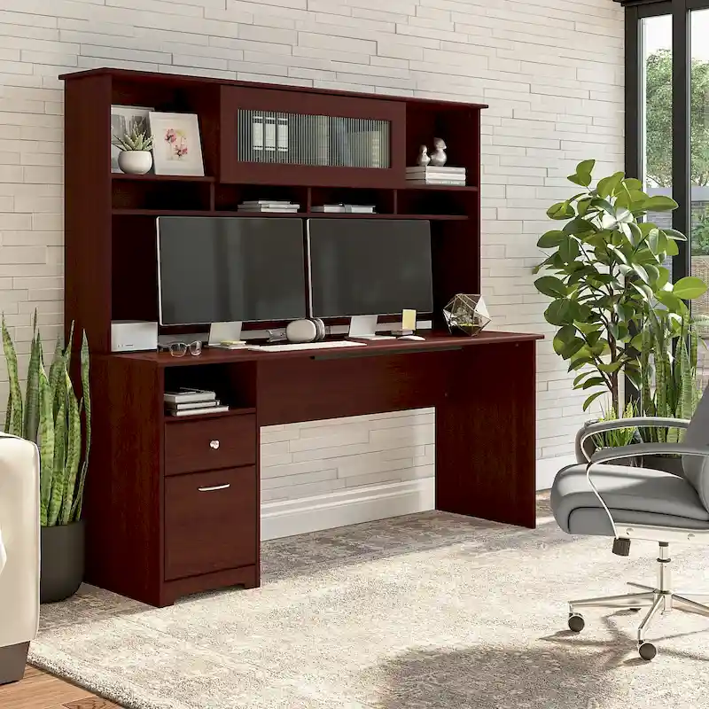 72W Computer Desk with Hutch and Drawers by