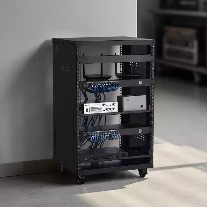 VEVOR 16U AV Rack, 200 lbs Max Capacity, Home Recording Studio Rack with Lockable Caster Wheels, Open Frame Server Cabinet, Special Vent Design, Black