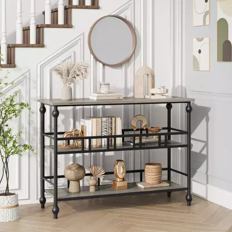 Narrow Console Table Vintage Farmhouse Style 43 Inch Sofa Side Table with 2 Open Shelves Decorative Roman Metal Legs for Living Room Hallway Entryway