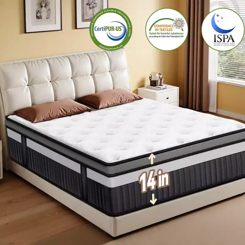 14 Inch Queen Hybrid Mattress, Medium Firm, Memory Foam & Pocket Coils