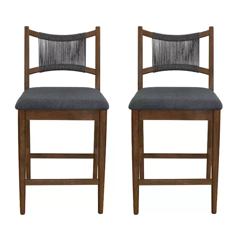 Set of 2 Modern Rubberwood Upholstered Counter Stools with Woven Rope Backrest, 300 lbs