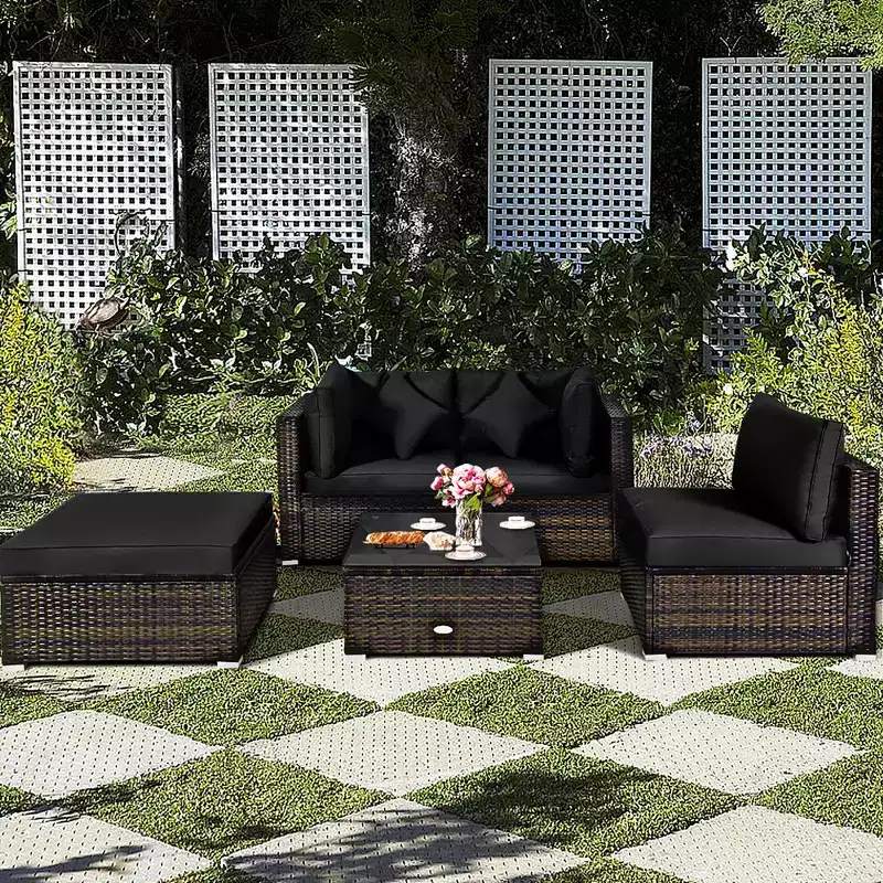 Costway 5PCS Outdoor Patio Rattan Furniture Set Sectional Conversation Turquoise\Navy\Black Cushion