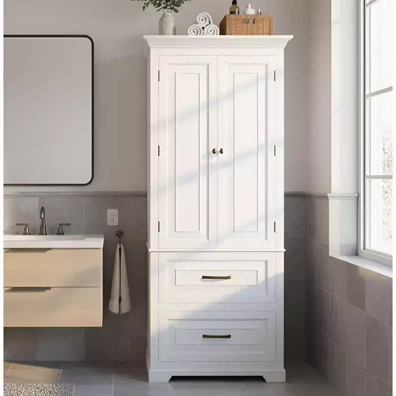 Wooden Linen Tower Cabinet with 2 Doors & 2 Drawers White