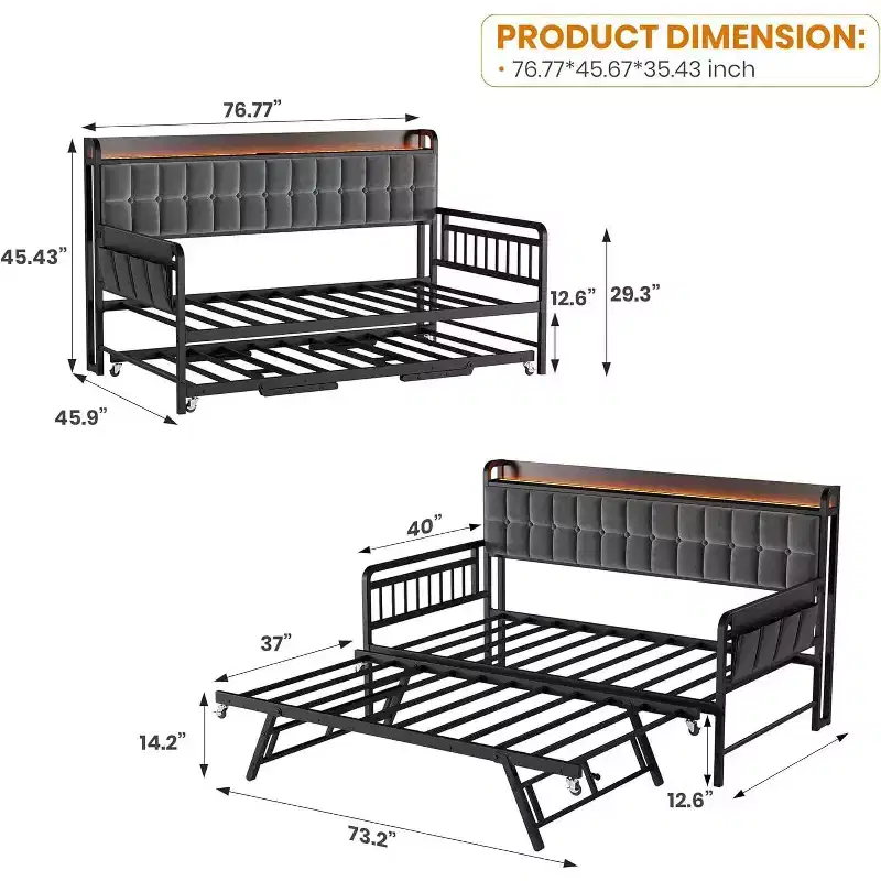 GustoWave Twin Daybed Bed Frame with Trundle, LED Light & Charging Station