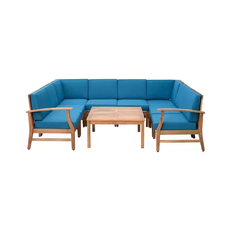 GDFStudio Abena Outdoor Acacia Wood 8 Seater U-shaped Sectional Chat Set with Cushions