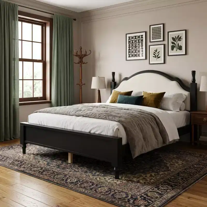 Wood Platform Bed with Upholstered Headboard