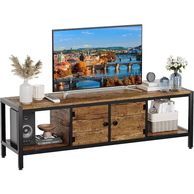 58-Inch Wood TV Stand for 65 TVs  Entertainment Center with 2 Cabinets & Open Shelves, Storage Media Console for Living Room