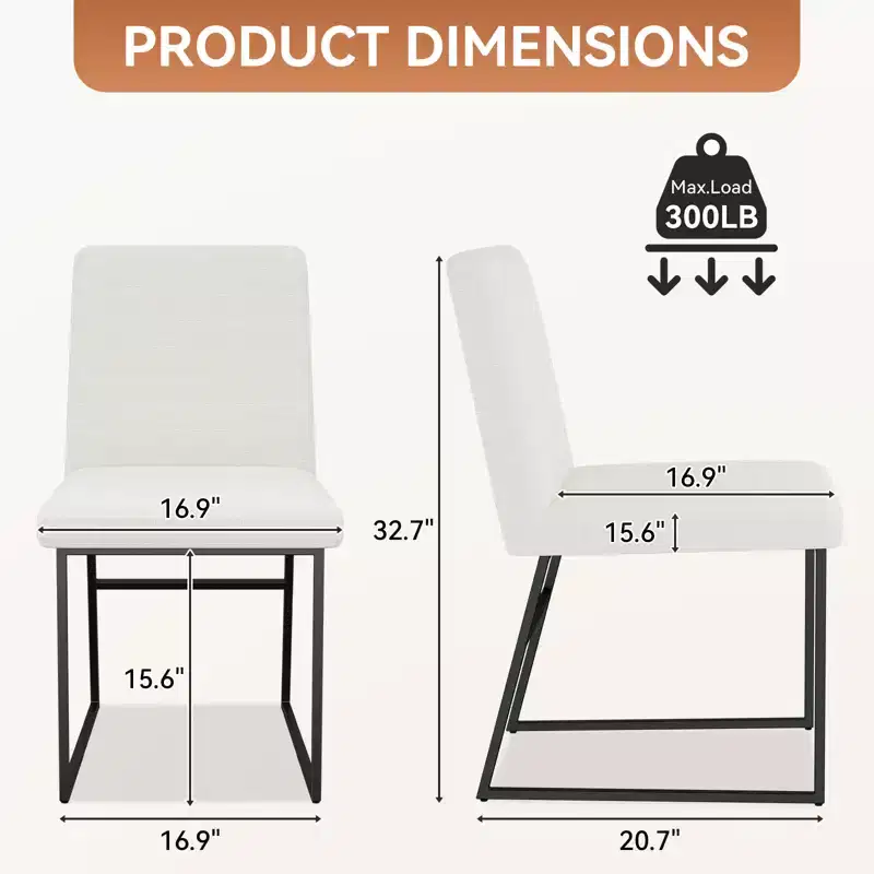 Dyonery Dining Chairs with Backrest, Linen Upholstered Metal Frame Chairs for Kitchen & Dining Room, Cream White