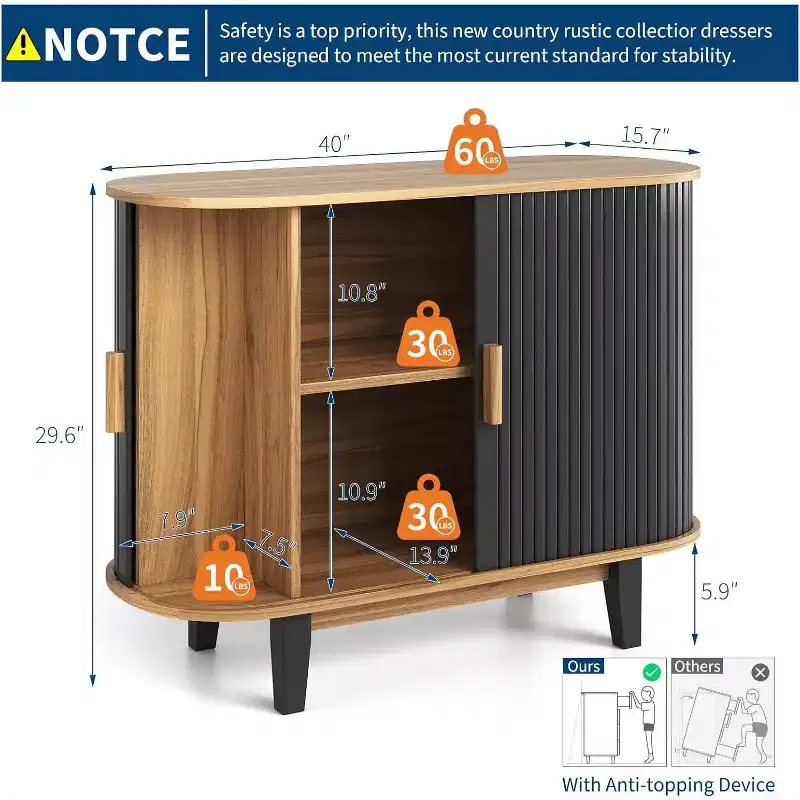 Fluted Sideboard with Sliding Door & Adjustable Shelf