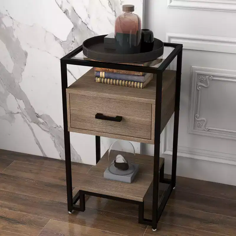 Nightstand End Table with Tempered Glass Top, Wood Drawer & Adjustable Legs