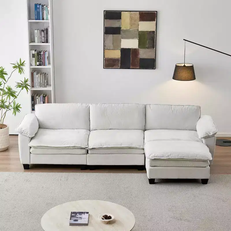 MAYEERTY Modern Luxury Sofa with Ottoman Soft Chenille Upholstered Sofa for Living Room Beige