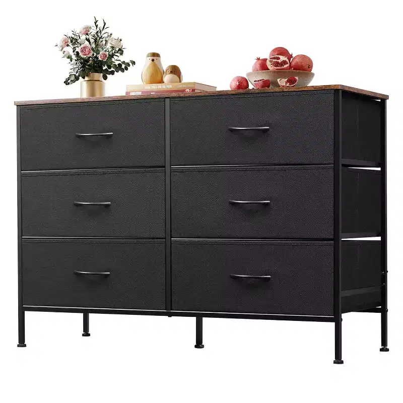 Wide Dresser with 6 Drawers, Fabric TV Stand for 50 Inch TV, Metal Frame, Wooden Top, Fabric Storage Dresser for Bedroom, Hallway, Entryway,