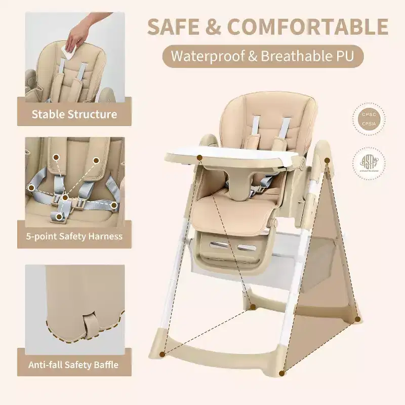Kids Dining Chair, Foldable High Chair for Toddlers, PU Leather Highchair with Removable Tray, 5-Point Safety Harness & Locking Wheels