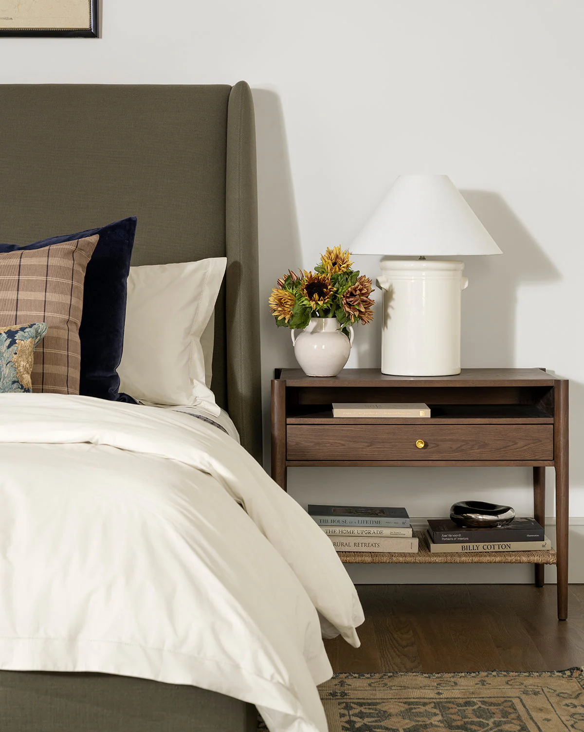Coastal White Oak Nightstand with Woven Seagrass Shelf & Brass Hardware for Bedroom