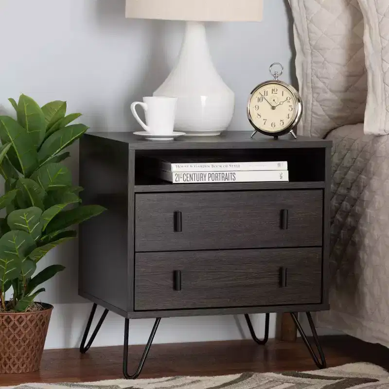 Wood and Metal 2 Drawer Nightstand Brown/Black - Modern Bedside Furniture with Open Shelf