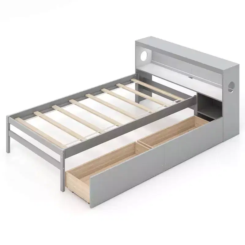 Twin Size Platform Bed Frame with LED Light, Bookcase Headboard & Storage Drawers