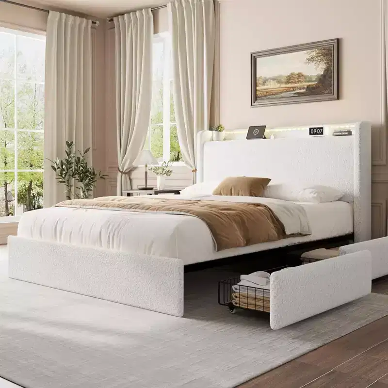 Bed Frame with 4 Storage Drawers, Upholstered Bed Frame with Headboard, Charging Station LED Lights, No Box Spring Needed, Noise Free