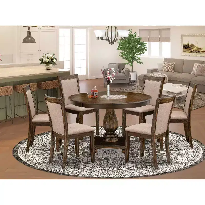 HomeStock 7 Piece Round Dining Set Dark Khaki Linen Fabric Chairs