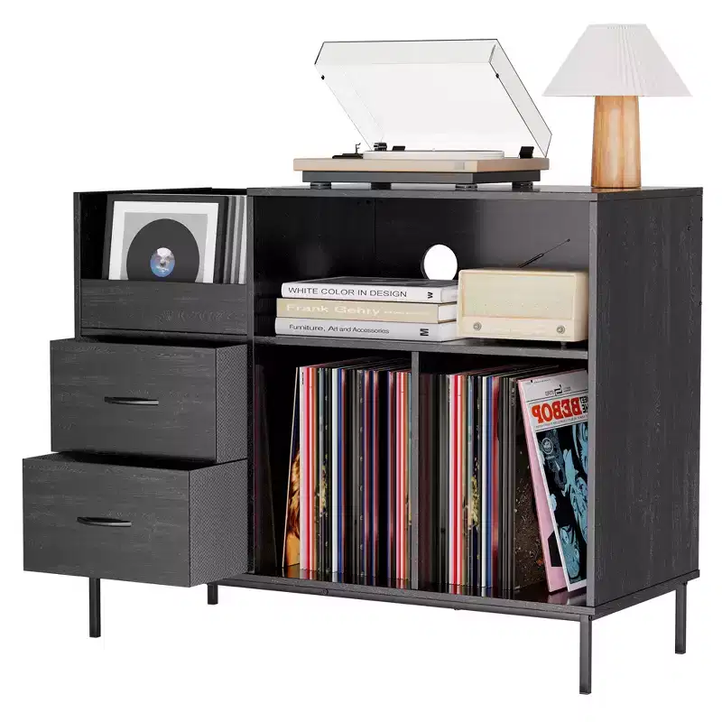 Flip-Top Record Player Stand with Storage, Turntable Shelf & Drawers Sturdy Wood & Metal Audio Media Console