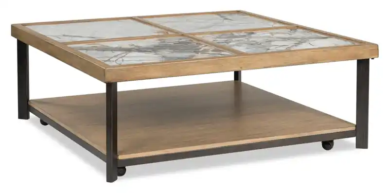 48 Contemporary Coffee Table with Stone Tiles, Shelf and Casters