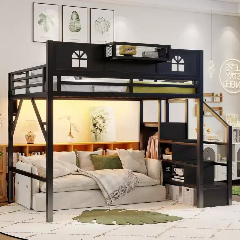 Metal Full Size Loft Bed with Stairs, House-Shaped Guardrails & Wardrobe for Kids & Teens