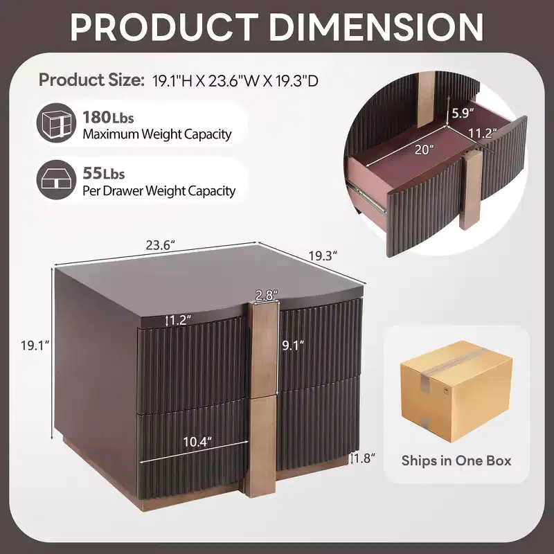Whisen Modern Nightstand, Bedside Table, End Table with Fluted Panel, High Density Wood, 2 Drawers, Golden Handle, Silent Slides, Anti Tip