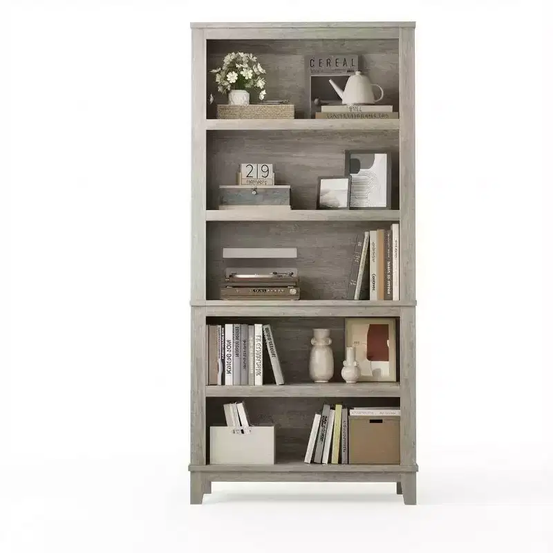 Set of 2 Tall Modern 5-Tier Bookcases  Narrow Bookshelves with Adjustable Shelves & Wooden Legs  Farmhouse Office Organizer