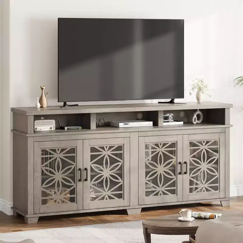 Farmhouse TV Stand for 80 TVs | LED Lights & Glass Doors | MDF Storage Cabinet | Mid-Century Modern Design | for Living Room & Bedroom