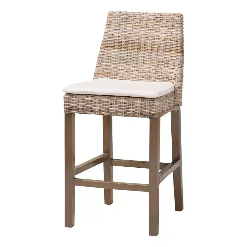 bali & pari Toby Rattan and Mahogany Wood Counter Height Barstool Kubu Gray/Rustic Taupe
