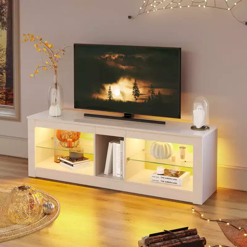 Particle Board TV Stand with Glass Shelves 18.5''H x 55.12''W x 13.78''D