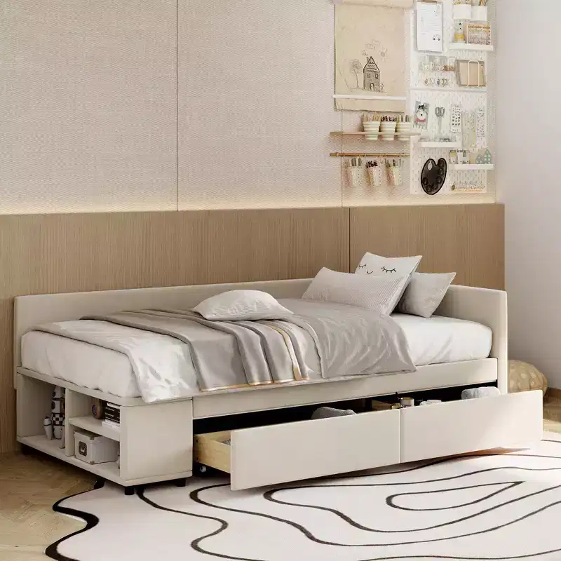 Twin Size L-Shaped Platform Bed with Wrap-Around Storage and Drawers