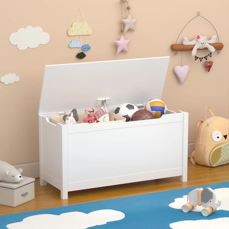 Kids Wooden Toy Box Storage with Safety Hinged Lid for Ages 3+ For Living Room,Dining Room,Entryway