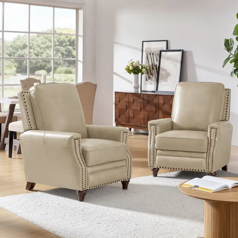 Cigar Mid-century Modern Genuine Leather Recliner with Nailhead Trim Set of 2 by HULALA HOME