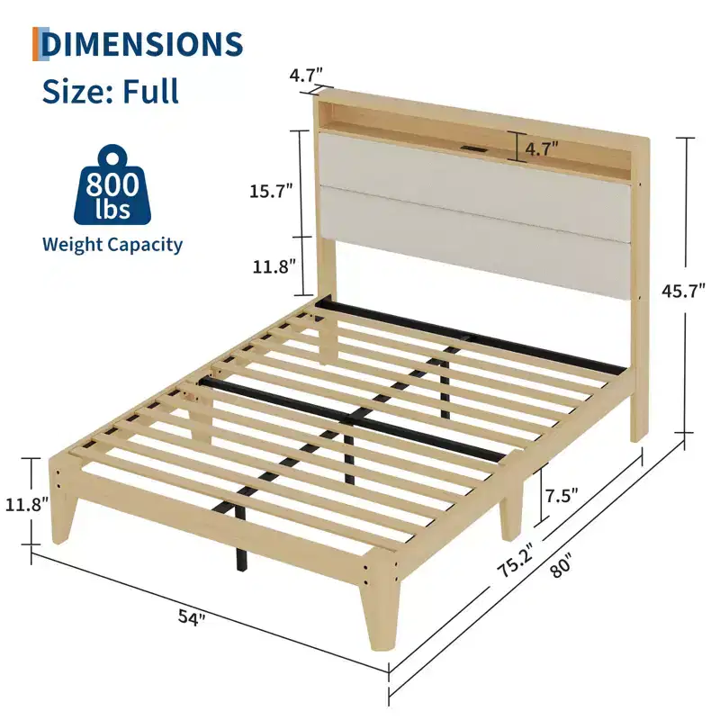 Bed frame, circular fabric platform bed frame with LED lights, upholstered headboard with built-in charging station, no spring mattress required