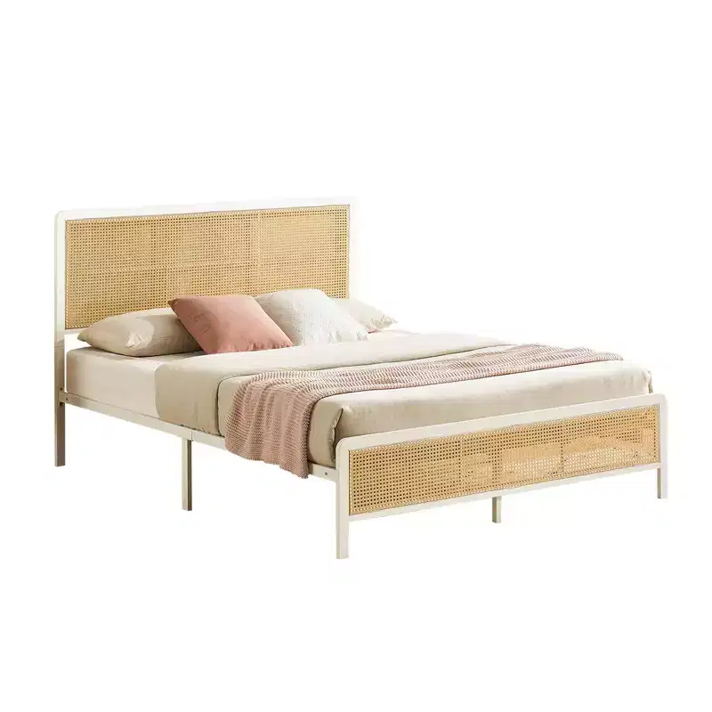 COZONY Rattan Platform Bed Frame with Illuminated Headboard, Boho Bed with Steel Slat Support and Ambient Lighting