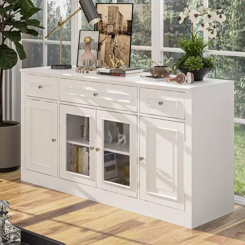 Famapy Modern TV Stand with Glass Doors 3-Drawer Media Console with Cable Management Versatile Storage Side Cabinet for Living Room