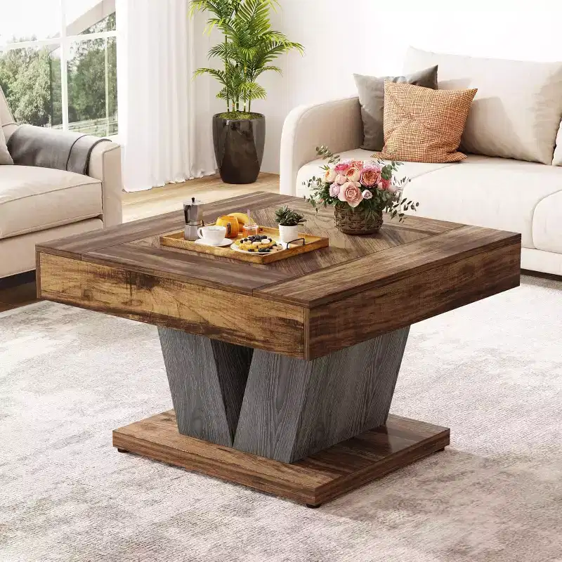 Lantine Square Coffee Table, Wood Center Table for Living Room, 31.5 Modern Cocktail Tea Accent Table, Rustic Brown & Black