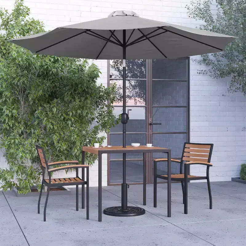 Merrick Lane Five Piece Faux Teak Patio Dining Set Includes Table, Two Club Chairs, 9' Patio Umbrella and Base