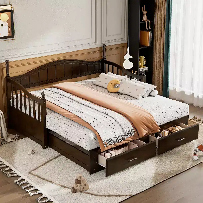 Wooden Daybed with Trundle & 2 Storage Drawers, Extendable Twin to King, 250 lbs