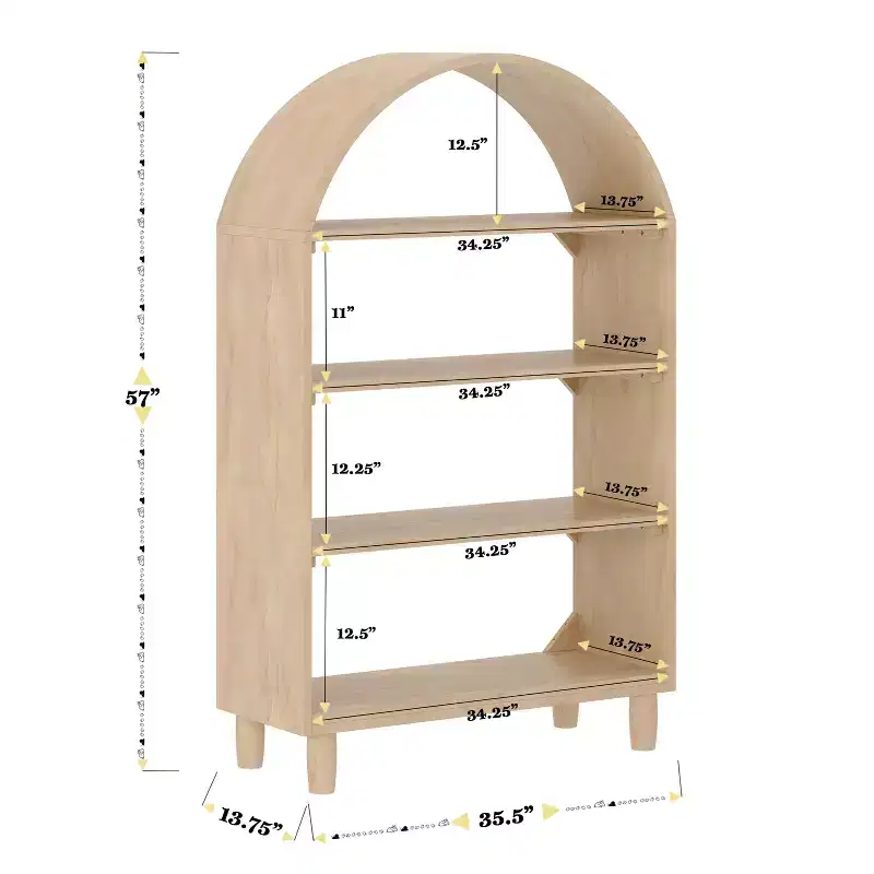 Buzz & Bloom Wood Open Bookshelf with Covered Rounded Top, 4 Shelves, and Cylindrical Legs