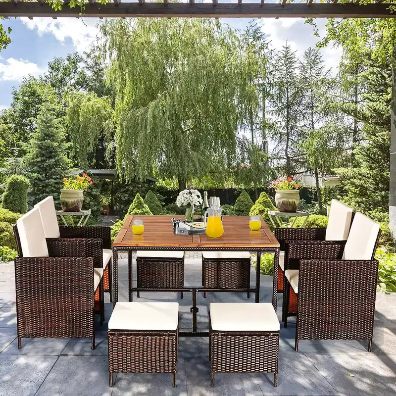 Costway 9PCS Acacia Wood Patio Rattan Dining Set Cushioned Chairs Ottoman