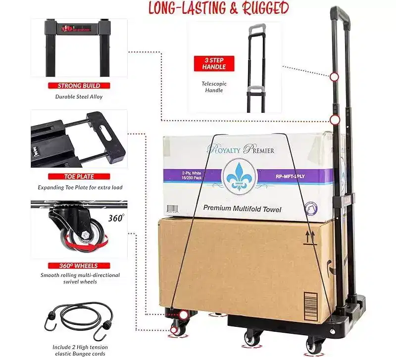 6-Wheel Folding Platform Cart Hand Truck with Telescoping Handle & Expandable Toe Plate, Includes 2 Bungee Cords