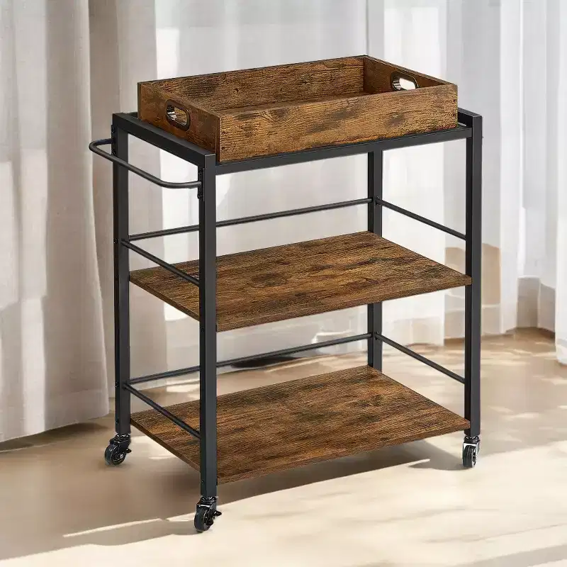 3-Tier Bar Cart, Serving Cart With Wheels And Handle, Beverage Cart. Kitchen Serving Cart with Removable Tray