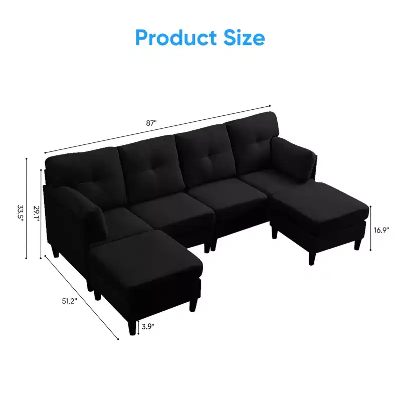 Mjkone Modular Convertible Sectional Sofa Couch, Upholstered Comfy Fabric 4-Seater Sofa with Movable Ottomans