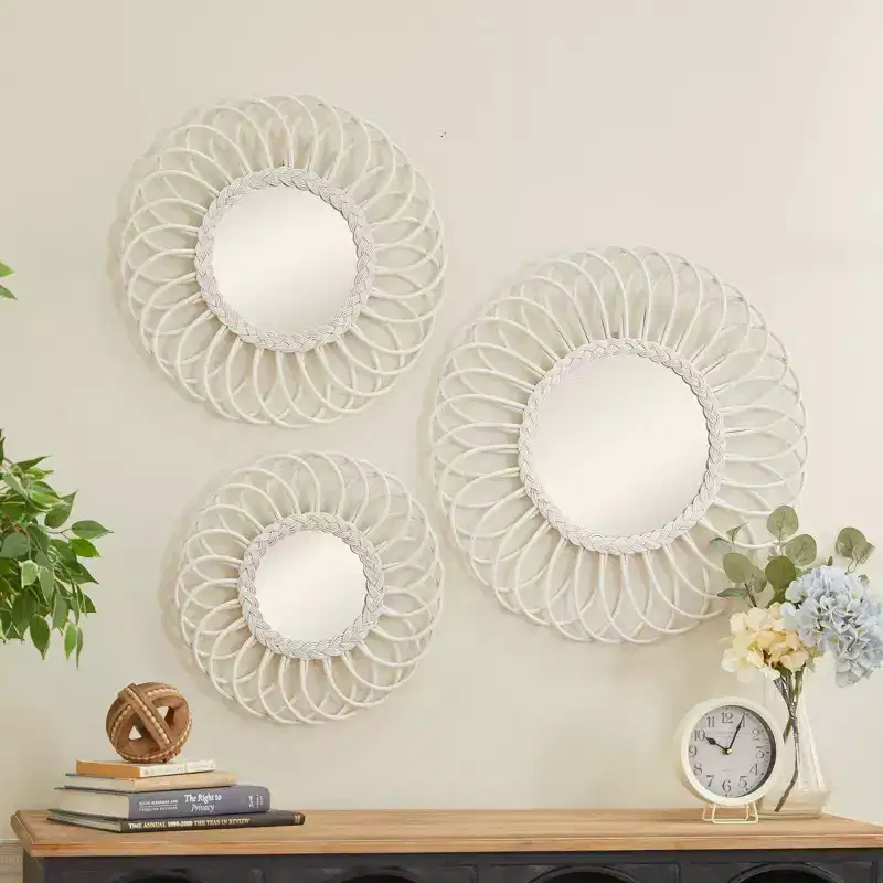 Olivia & May Wood Starburst Wall Mirror Set of 3 White: Traditional Style, No Assembly, Includes Mounting Hardware