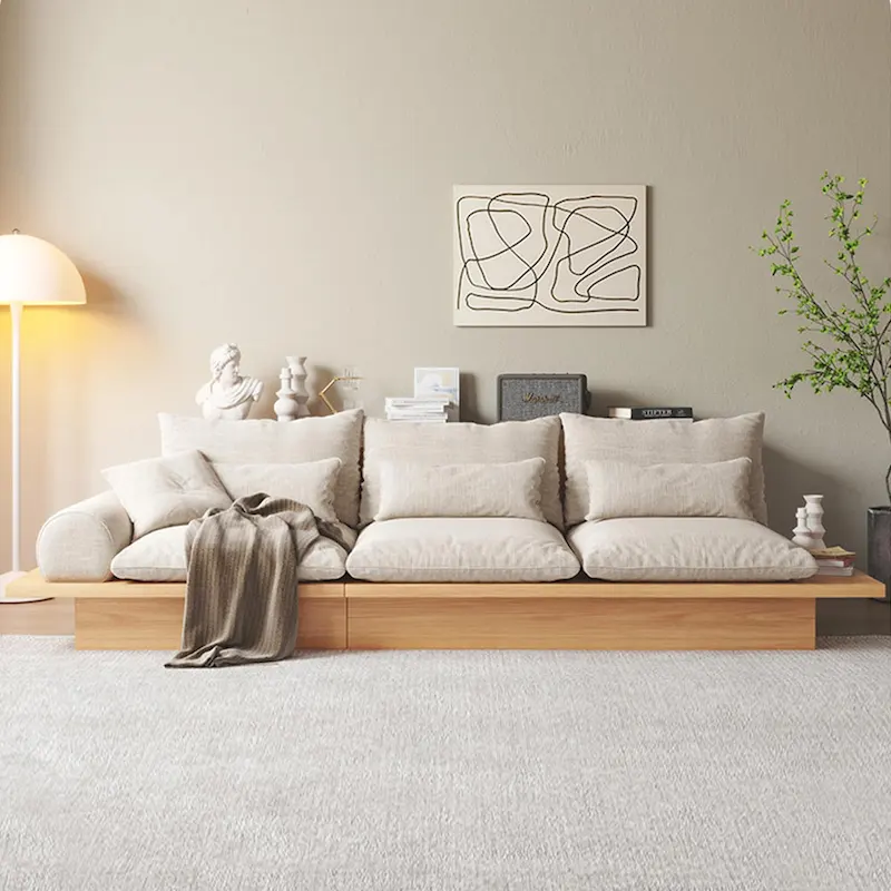 JASIWAY Cotton Line Beige Sofa With Wood Frame