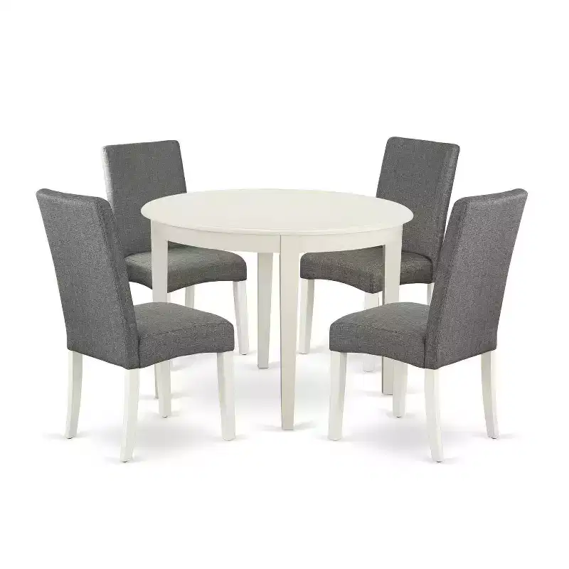 Modern Dining Set 5 Piece - Round Kitchen Table & 4 Fabric Chairs - 42 Inch - Linen White